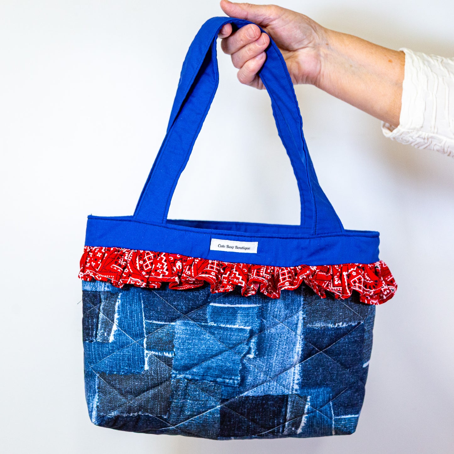 Quilted Denim Patches Ruffled Bible Bag/Mini Tote