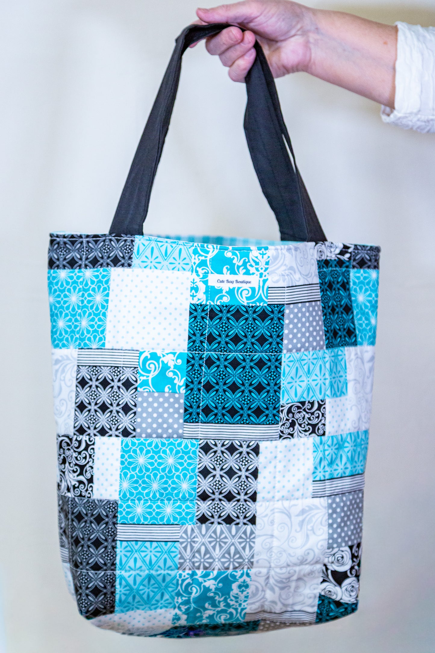 Quilted Aqua Blue Patchwork Tote Bag