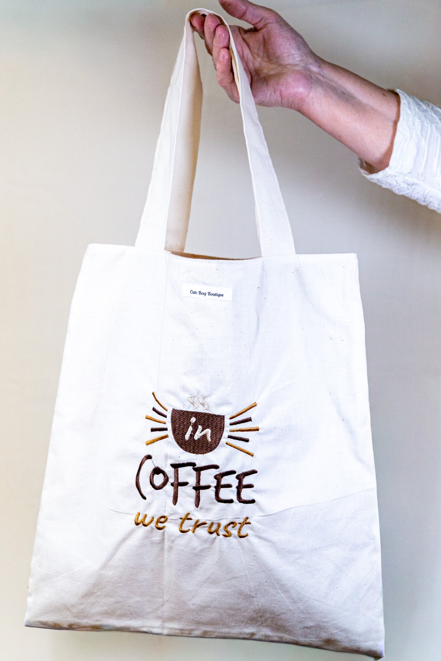 Embroidered In Coffee We Trust Tote Bag