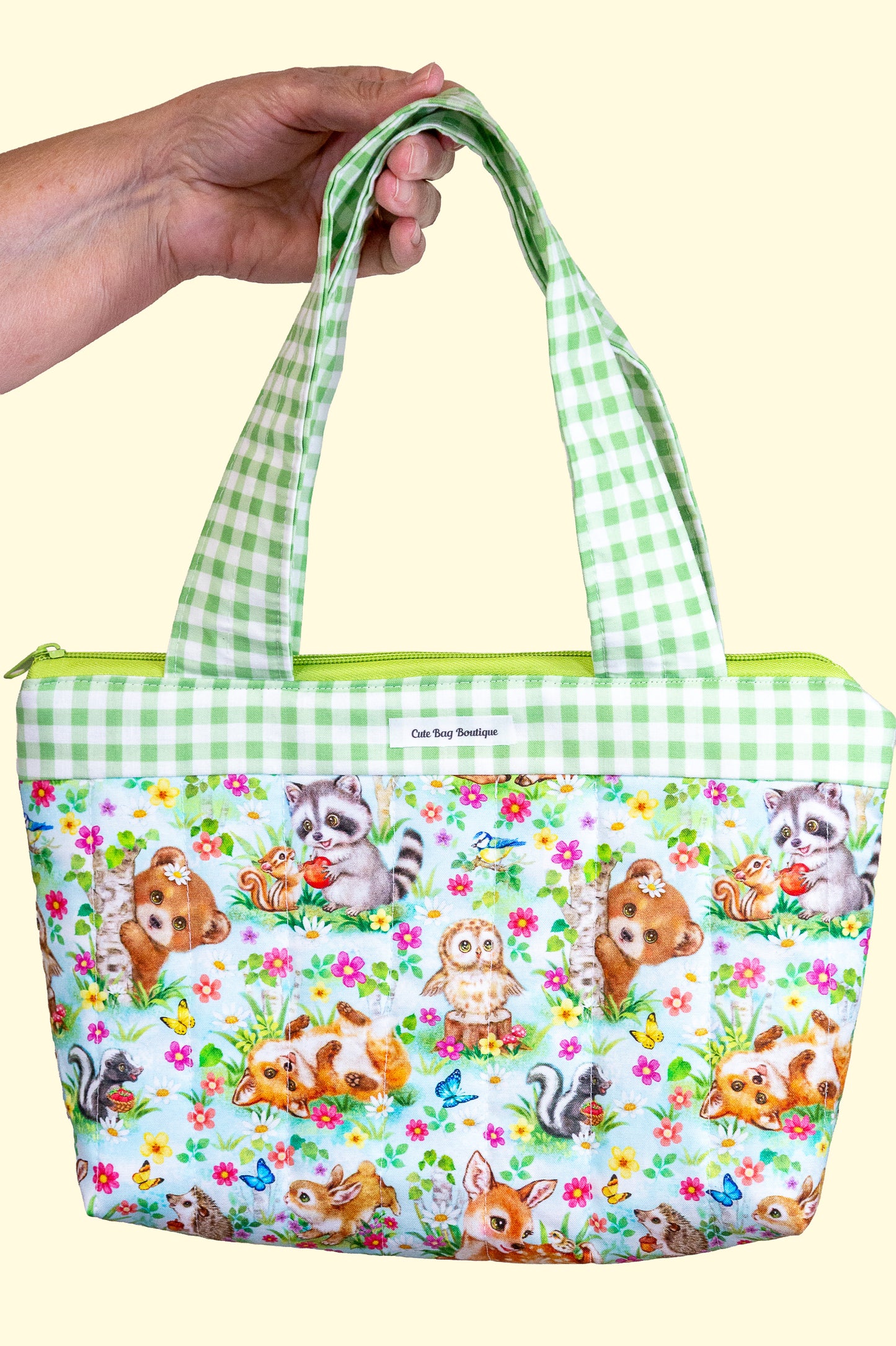 Quilted Forest Animals Zippered Kid Tote Bag