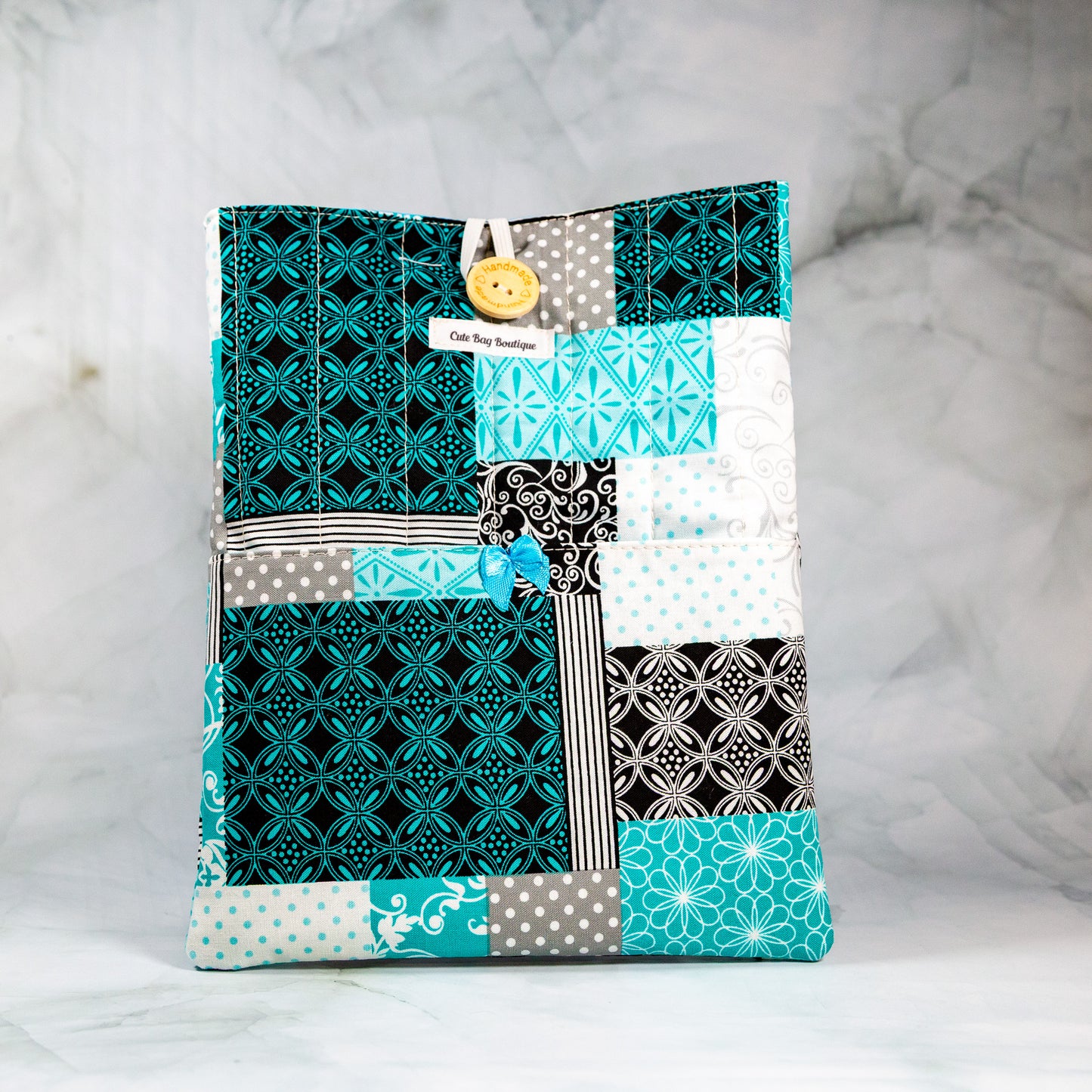 Aqua Blue Patchwork Quilted Book Sleeve