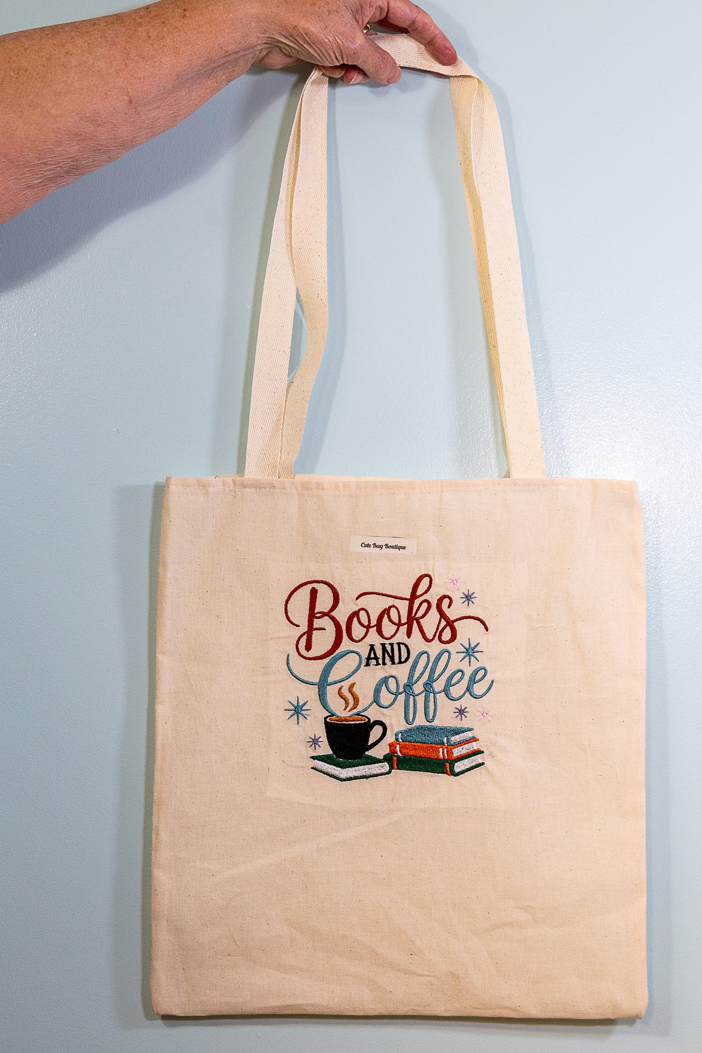 Embroidered Books and Coffee Tote Bag