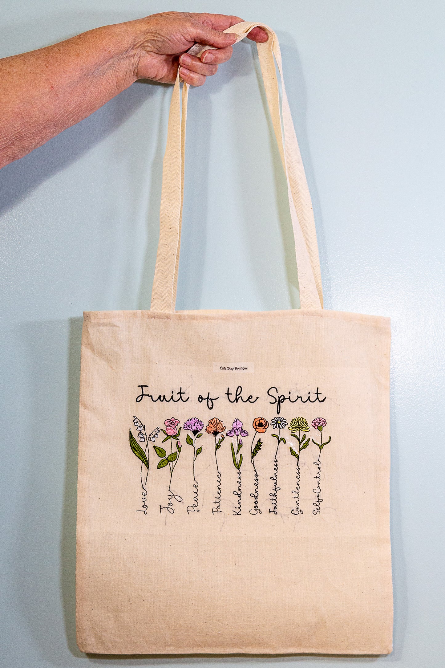 Embroidered Fruit of the Spirit Flowers Tote Bag