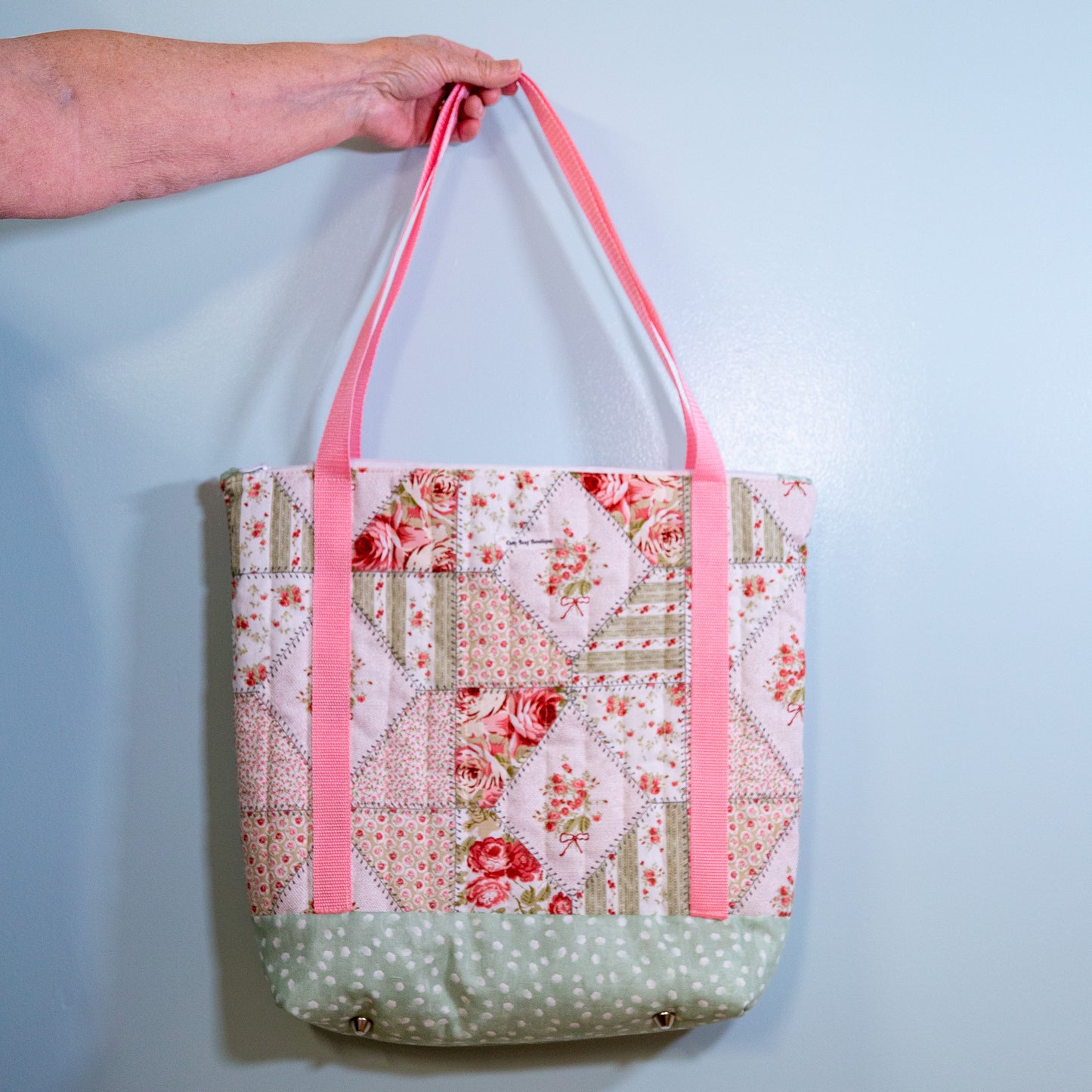 Quilted Pink & Sage Patchwork Tote Bag