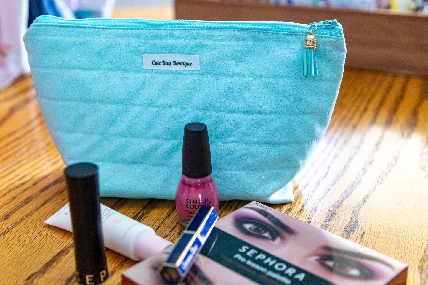 Aqua Sparkle Quilted Cosmetic Bag