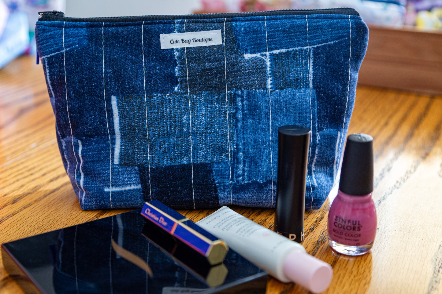 Denim Patches Quilted Cosmetic Bag