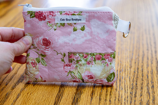 Rose Garden Tea For Two Pink Quilted Keychain Wallet