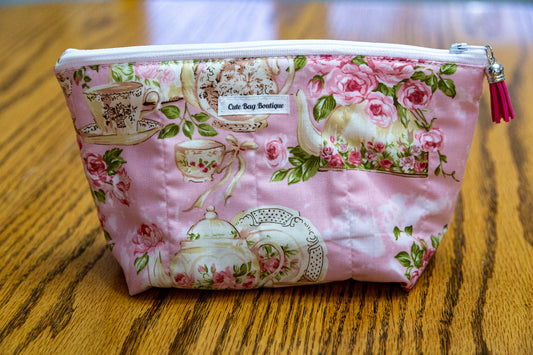 Rose Garden Tea For Two Pink Quilted Cosmetic Bag