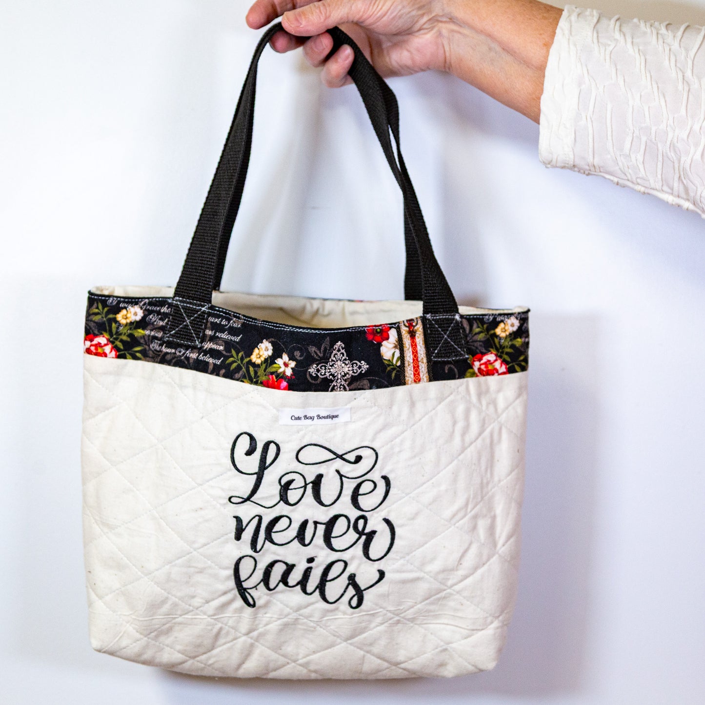 Embroidered Love Never Fails Bible Bag