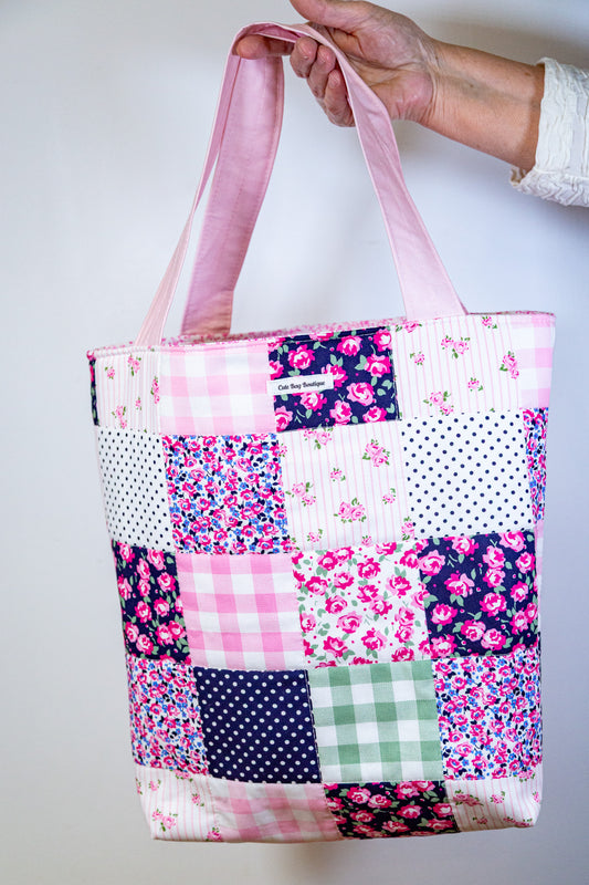 Quilted Preppy Patch Tote Bag