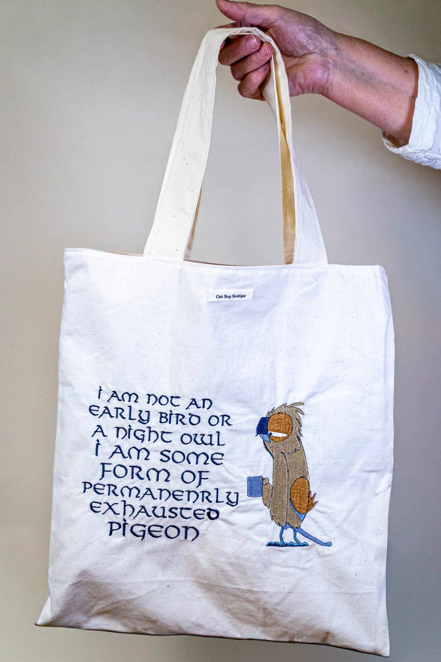 Embroidered Exhausted Pigeon Tote Bag