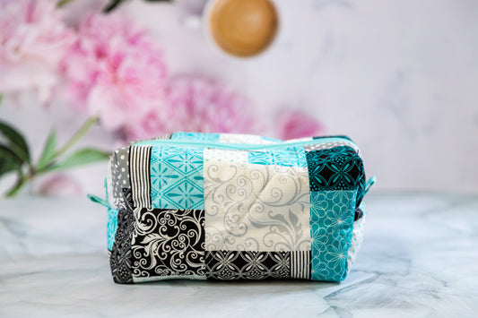 Aqua Patchwork Quilted Boxy Cosmetic Bag