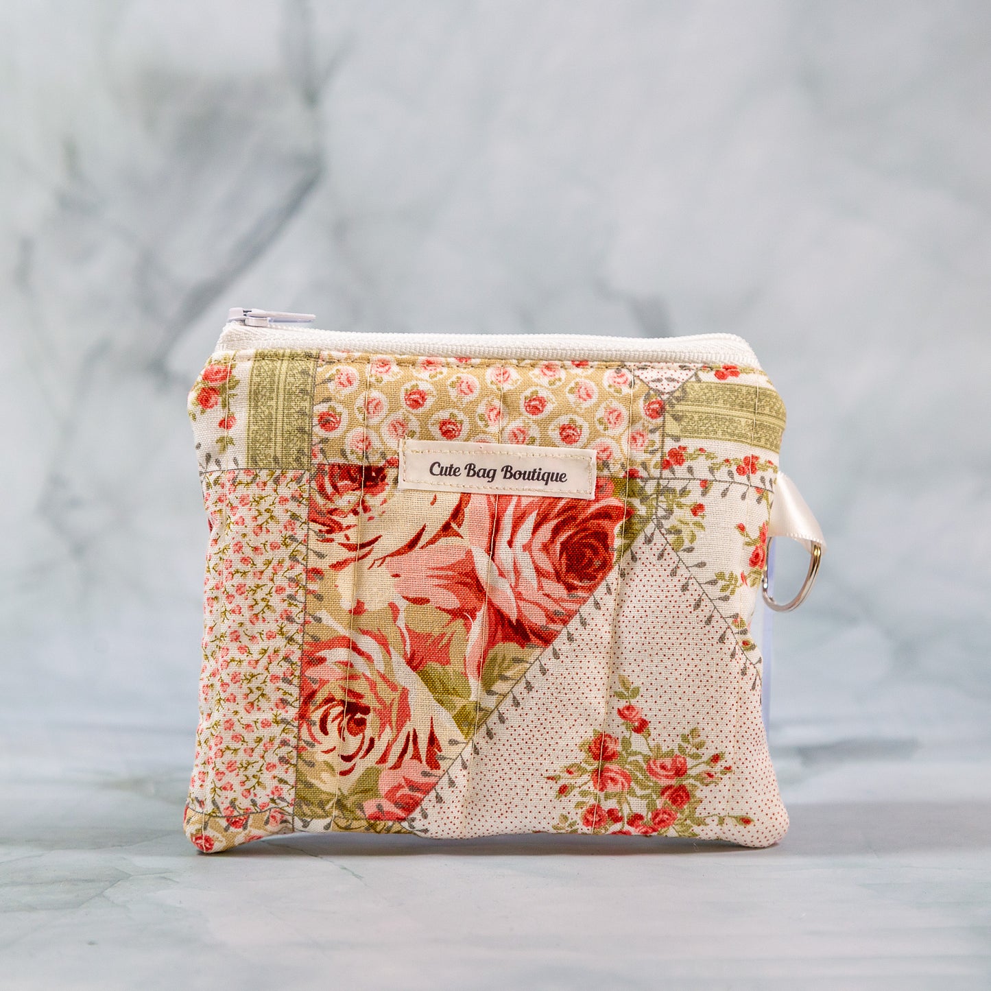 Pink and Sage Patchwork Quilted Keychain Wallet