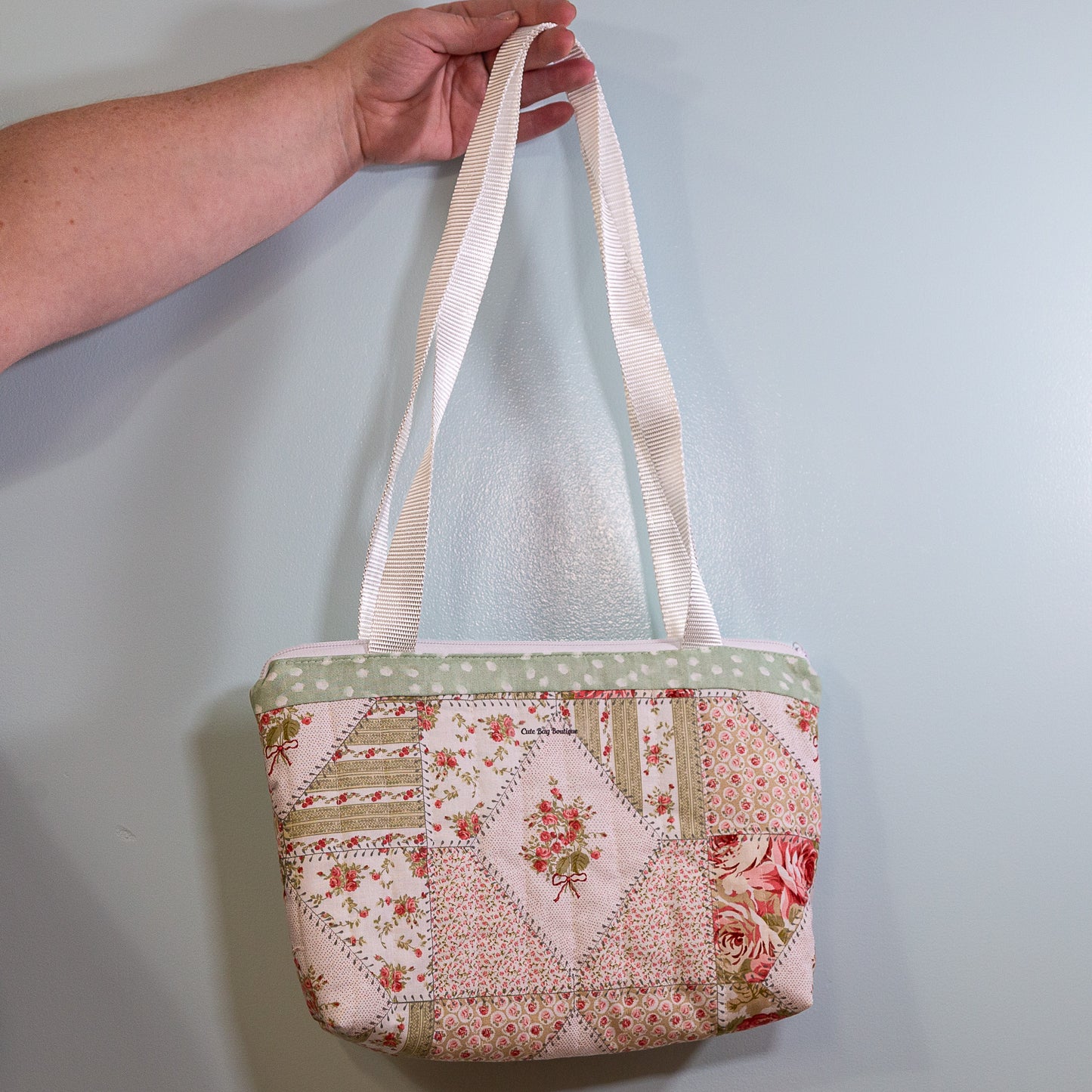 Quilted Pink & Sage Patchwork Zippered Bible Bag/Mini Tote