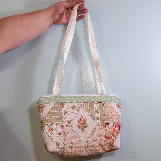 Quilted Pink & Sage Patchwork Zippered Bible Bag/Mini Tote