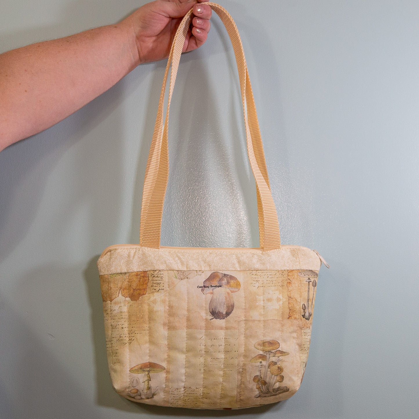 Quilted Neutral Mushrooms Zippered Bible Bag/Mini Tote