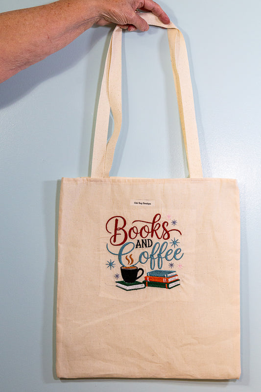 Embroidered Books and Coffee Tote Bag