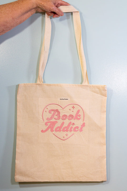 Embroidered Book Addict Tote Bag