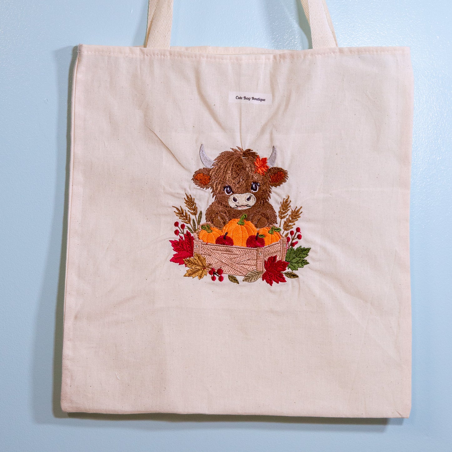 Pumpkin Patch Highland Embroidered Tote Bag
